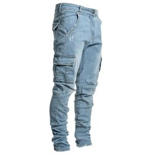 Comfortable Cool Multi Pockets Solid Color Men Jeans Comfy Cargo Jeans Stretchy Trousers 230226