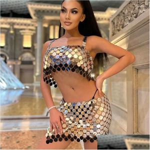 Womens Tanks Camis Handmade Squamous Glitters Sequins Disco Skirt Bra Set Work Strappy Nightclub Party Sliver Halter Top Drop Delivery Otfzu