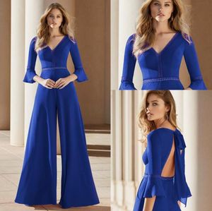 Elegant Charming Evening Formal Jumpsuit Prom Wear V Neck 3 4 Sleeves Backless Long Women Prom Gowns Celebrity Party Dress Custom 8635622