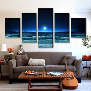 5 pçs / conjunto sem moldura lua e mar onda azul pintura a óleo sobre tela arte da parede pintura imagem para casa e sala de estar decor265b