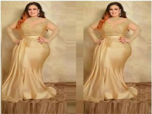 2022 Gold Sexy Plus Size Formal Evening Dresses Elegant with Long Sleeves Gold Lace High Neck Sheath Special Occasion Dress Mother9611242