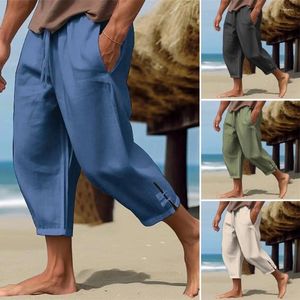 Men's Pants Men Fashion Buckle Cuff Linen Pant Solid Baggy Large Pocket Bandage Ankle-Length Loose Harem Trouser Casual Drawstring Sweatpant