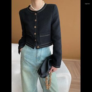 Jaquetas femininas moda preto pequena fragrância casaco curto feminino em torno do pescoço elegante francês manga longa doce básico coreano primavera