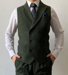 2021 Bristish Green Green Steps مزدوج الصدر البني الصوف Herringbone Tweed Groomsmen Vest Mens Suit Prom Wedding Wedder Dress4432840