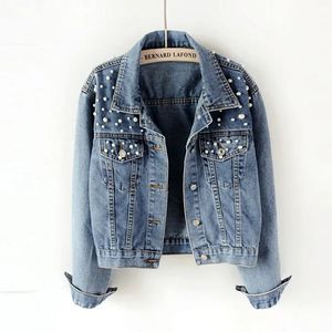 Denim ceket kadınlar pamuk bahar sonbahar ropa hırka kot pearl punk gotik bombacı ceket rüzgar kırıcı y2k kadın ceketler Kore 240301