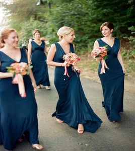 Koyu Teal Mavi Nedime Elbiseler Uzun Rustik Ülke Düğün Konuk Elbise V Boyun İpek Saten Kabuğu Arka Akşam Elbise Hatsız Honor 5776380