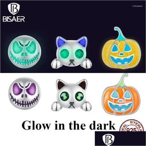 Kolczyki stadninowe BISAER 925 Sterling Sier Mini Dyni Luminous Enomel Ear Clip dla dziewczyny Halloween Party Oryginalny biżuteria Drop dostanie Otsuh