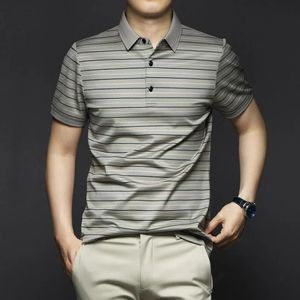 Summer Men Short Sleeve Smooth Stripe Polo Shirts Male Clothing Streetwear Fashion Grey Social Business Casual Basic Tops 240309