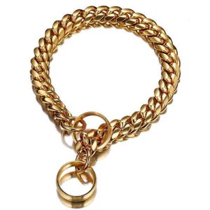 Guinzaglio per collare per cani con catena in oro Collare per animali in acciaio inossidabile da 14 mm Guinzaglio in pelle per cani di piccola taglia Pitbull Bulldog Accessori per animali 201030278s