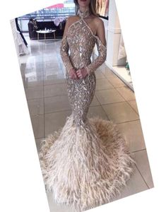 Luxury Beading Feather Sexual Mermaid Prom Dress Middle East Arabia Lady Prom Event Party Wear Custom Made Long Sleeves Maxi Gowns4666203