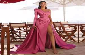 Rose Pink Pleat Satin Sexy One Shouldr Evening Dresses Gowns A Line High Split For Women Party Night Celebrity Dress6262980