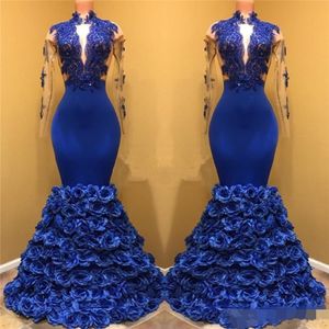 Royal Blue Black Girls Mermaid Evening Dresses Long Sleeves Lace Applique Keyhole Neck Prom Dresses 3D Rose Flowers Pageant Gowns286M