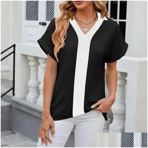 Camicette da donna Camicie Manica corta Risvolto a contrasto Chiffon Top allentato Consegna Abbigliamento Abbigliamento Otajz