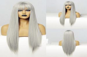 Gray Color Synthetic Hair Wigs With Full Neat Bangs Long Silky Straight Heat Resistant Synthetic Replacement Hair Wigs For Fashion8884992