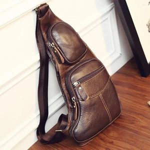 Borsa da uomo in vera pelle di vacchetta vintage con tracolla singola sul petto e zaino da viaggio, famosa tracolla casual a tracolla