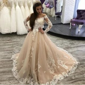 Elegante champanhe a linha vestidos de casamento rendas apliques mangas compridas país vestidos de noiva tribunal trem jardim vestido de noiva 2024