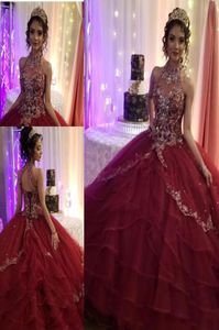 Modern Sliver Embroidery Burgundy tulle Quinceanera Prom dresses High Neck Keyhole Back Crystal Beaded Ruffles Sweet 16 Dress Vast9393625