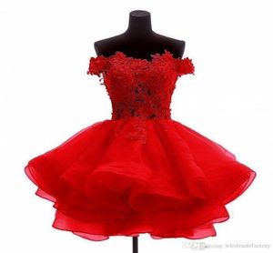 2020 Red Lace Short Homecoming Dresses Cheap Off The Shoulder Organza Ruffles Beaded A Line Appliques Formal Beaded Prom Party Dre2319274