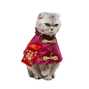 High Quality Pet Cat Chinese Tang Costume New Year Clothes with Red Pocket Festive Cloak Autumn Winter Warm Outfits for Cats Dog278G