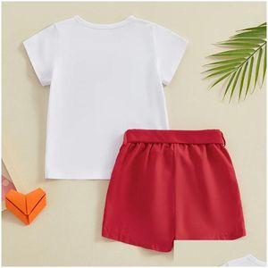 Giyim Setleri Toddler Bebek Bebek Kız Giysileri Set Valentine S Günü Kısa Kollu Kalp Baskı T-Shirt Şortları Çocuk 2 PCS Kıyafetler Deli Deli Otltk