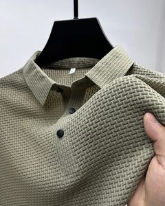 Verão novo dos homens rendas até oco manga curta polo camisa de seda gelo respirável negócios moda camiseta dos homens roupas marca 240311