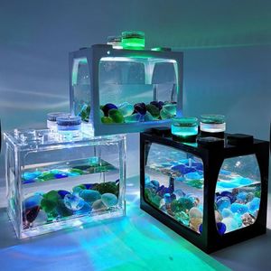 Aquários acrílico retangular tanque de peixes criativo led luz peixinho escritório reprodução ecossistema acquario aquário decoração ei50yg2726