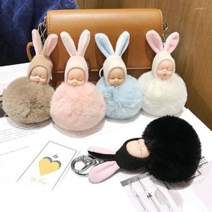 Schlüsselanhänger Niedlicher Baby Flauschiger Plüsch Schlüsselanhänger für Frauen Mädchen Tier Pom Kunstpelz Schlüsselanhänger Tasche Anhänger Charms Schmuck Rosa Geschenk