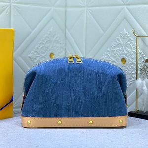 Blaue Denim-Make-up-Tasche, Damen-Handtasche, Canvas-Clutch, Kulturbeutel, modische Drucktaschen, Reißverschluss offen, hochwertige Damen-Clutch, interne Reißverschlusstasche