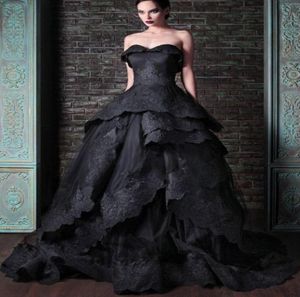 New Gothic Black Ball Gown Wedding Dresses Vintage Sweetheart Ruffles Lace Tulle Sweep Train Lace up Back Bridal Gowns Custom Made6190473