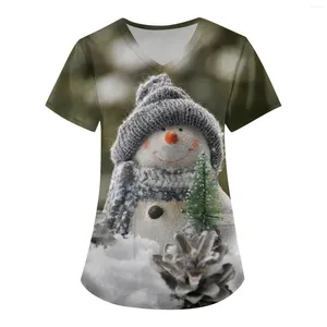 T-shirt da donna Natale con scollo a V Tasca Scrub infermieristico T-shirt Uniformi Abbigliamento donna 3d Pupazzo di neve Modello Stampa Top Camisetas