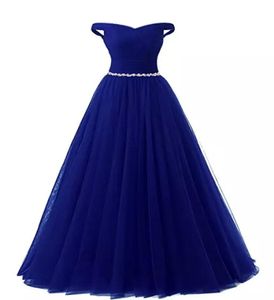 Off Shoulder Tulle Evening Dresses With Crystal 2019 Royal Blue Burgogne Red Long Evening Gowns New Party Dress1596163
