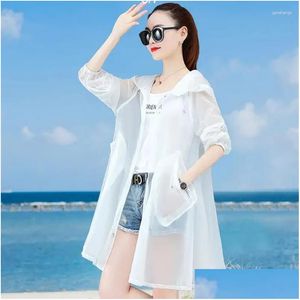 Womens Trench Coats com capuz Roupas de proteção solar Fino Windbreaker Long Beach Sunsn Anti-Traviolet Respirável Casual Outerwear Drop D Otaet