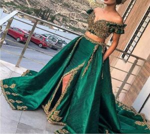 Hint Hunter Green 2 Parçalı Gece Elbise Altın Dantel Aplike Balo Elbiseleri Seksi Suudi Arap Boncuklu Kaftan Abaya Wear3795063