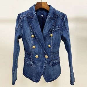 High street moda 2024 designer blazer jaqueta feminina metal leão botões duplo breasted denim blazer casaco exterior 240301