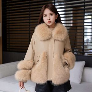 New 2023 Fox Winter Fur Collar Haining Leather Sheepskin Jacket Down Coat Women's Short 5273