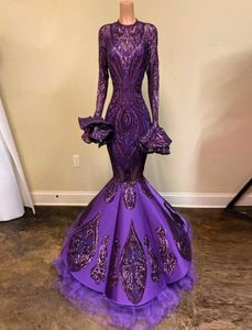 Arabisch Lila Langarm Meerjungfrau Prom Kleider Pailletten Perlen Applizierte Dubai Promi Abendkleider Robe de soiree9765559