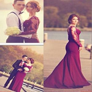 2021 Evening Dresses Wear Sexy Mermaid Lace Long Sleeves Sweetheart Illusion Grape Dark Red Burgundy Open Back Bridesmaid Party Pr250D