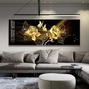 Black Golden Rose Flower Butterfly Abstract Wall Art Canvas Painting Poster Print Horizonta Picture for Living bedRoom Decor2557