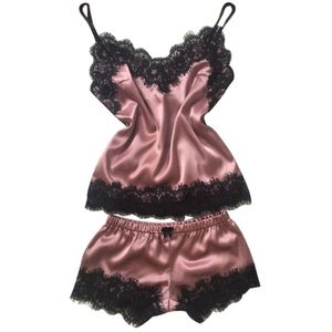 2018 женская одежда для сна Babydoll, сексуальное атласное пижамный комплект, черные кружевные пижамы с v-образным вырезом без рукавов, милый топ на бретельках и Sho221k