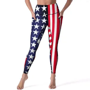 Active Pants USA American Flaggings med fickor Patriotiska moderna stjärnor Stripes Graphic Yoga High midje fitness Legging