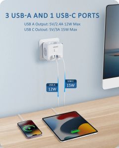 Wall Socket Extender with 3 AC Outlets 3 USB Ports And1 Type C 7-in-1 EU Plug Charger On/Off Switch for Home