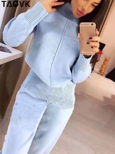 TAOVK Womens Woolen Knitted Suit High Collar Sweater Pants Loose Style Two-piece Set womens Knitted Costume tracksuit240311