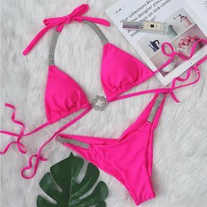 Roupa de banho feminina rosa sexy biquinis maiô com strass feminino push up bikini praia swim wear fatos de banho banhista 2024