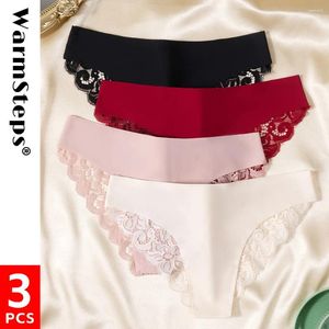 Calcinha feminina Warmsteps 3 pcs / kit mulheres roupa interior 3 peças rendas sexo briefs feminino macio gelo seda lingerie baixa ascensão