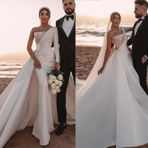 Fashion Wedding Dress Pearls Mermaid Bridal Gowns Detachable Train One Shoulder Sequins Bride Dresses Sweep Train Custom Made