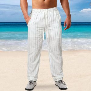 Pantaloni da uomo Pantaloni da spiaggia in cotone e lino a righe verticali casual con coulisse in vita elastica, moda estiva, comfort dritto