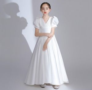V-neck Short Sleeve Junior Bridesmaid Dresses Floor Length Satin Girls Dress