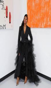 Modern Black Pant Suit Women Party Formal Dresses Evening with Tiered Tulle Train V Neck Long Sleeves Prom Vestidos5276524