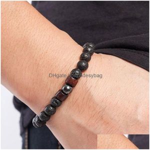 Beaded 8mm Natural Lava Rock Stone Strands Wood Charm Armband Handgjorda Elastiska smycken för kvinnor Män Drop Delivery Dheo7