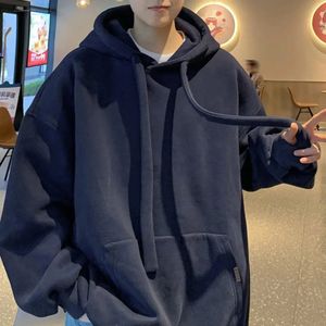 Men Hoodie Winter Solid Color Cozy Mens Thickened Loose Drawstring Pullover with Big Patch for Autumn 240307